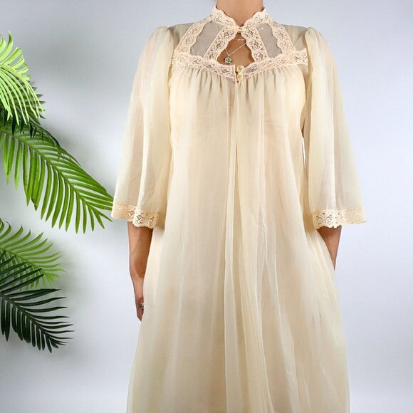 Vintage 60s Cream Lace Cottagecore Nightgown Peignoir Slip Dress & Robe Set / S - Picture 3 of 6